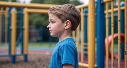 Obraz premium Kid Caucasian boy in a playground background blue t shirt side view portrait