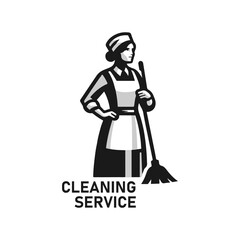 Female maid or cleaning service worker monochrome vector illustration