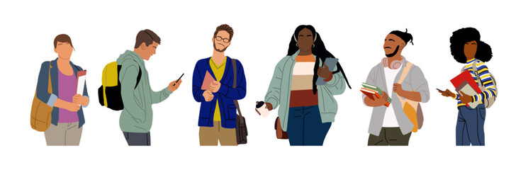 Group of multiracial and multicultural students. Young girls and boys holding books, folders standing and walking to college, university. Vector realistic illustration isolated