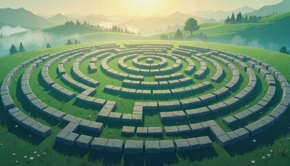 Circular stone maze in a lush green landscape during sunrise with rolling hills and misty mountains in the background