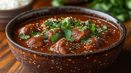 A close-up of a bowl of delicious meatballs garnished with cilantro and sesame seeds. Generative AI