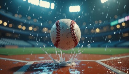 Baseball splashes into the puddle on a rainy day at the stadium during an evening game