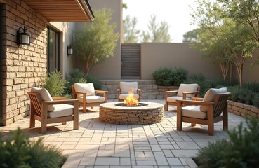 Obraz premium Patio with fire pit, stone wall and wooden furniture. Backyard lounge zone with chairs around fireplace and stone terrace. Home garden design, outdoor living, relaxation and warmth.