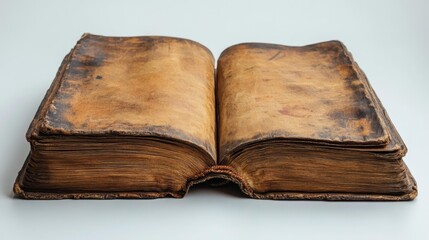 Open antique book with aged pages and worn leather binding. Generative AI