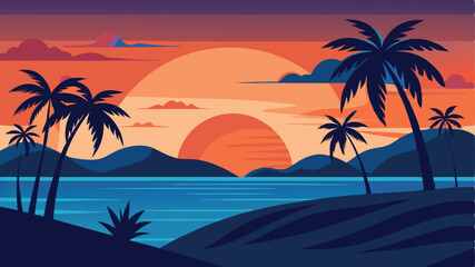 Tropical Sunset Silhouettes with Palm Trees and Birds on Transparent Background