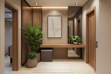 Modern apartment hallway entryway design with plants