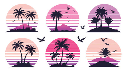 Tropical Sunset Silhouettes with Palm Trees and Birds on Transparent Background