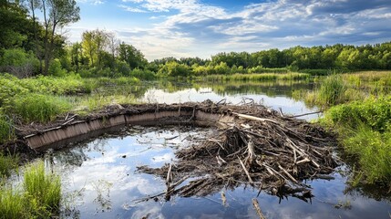 Tranquil Wetlands with a Beavers' Lodge in a Scenic Landscape