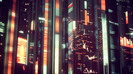 A futuristic city skyline with digital charts reflecting business growth, financial forecasts, and corporate evolution. Glowing data overlays highlight economic trends and company performance