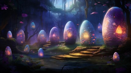 Obraz premium Mystical Forest with Glowing Easter Eggs Illuminating a Magical Pathway at Night.
