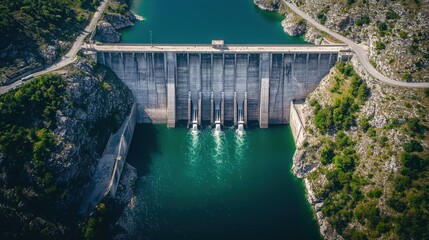 Aerial view of a large hydroelectric dam surrounded by lush greenery and a sparkling blue reservoir, illustrating the harmony between nature and technology.