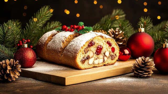 Festive fruitcake adorned with holiday decorations