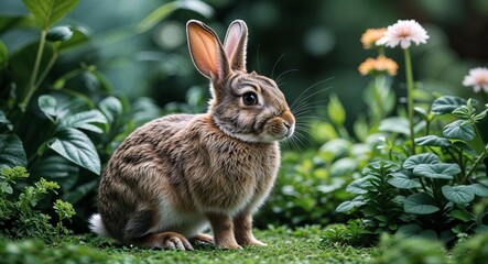 Fototapeta premium Rabbit in lush garden background side view portrait
