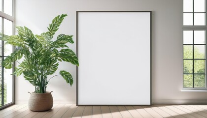 Scandinavian Style Interior Rectangular Vertical Frame Mockup with a Trailing Green Plant and Window, Embracing a Fresh and Calm Ambiance in a Minimalist Setup.