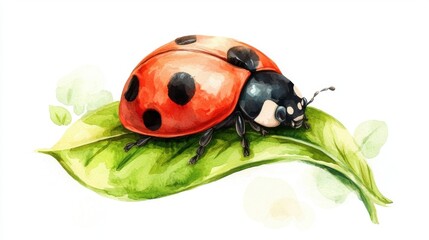 Fototapeta premium A vibrant illustration of a ladybug perched on a green leaf, showcasing the harmonious beauty of nature and the intricate details of this delightful insect.