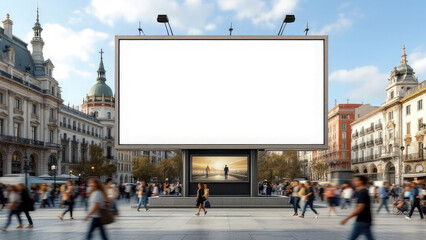 Blank advertising billboard mockup in a busy madrid city square with blurred pedestrians and...