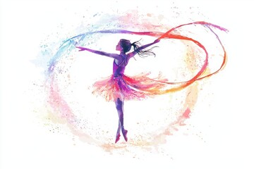 A vibrant silhouette of a dancer in motion, gracefully twirling with colorful ribbons, embodying the spirit of art and dance in an expressive watercolor style.