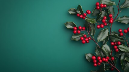 Bright red holly branches with lush green leaves on a teal background during the holiday season