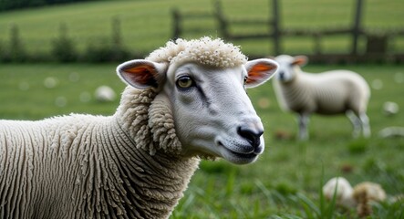 Obraz premium Sheep in green pasture background side view portrait