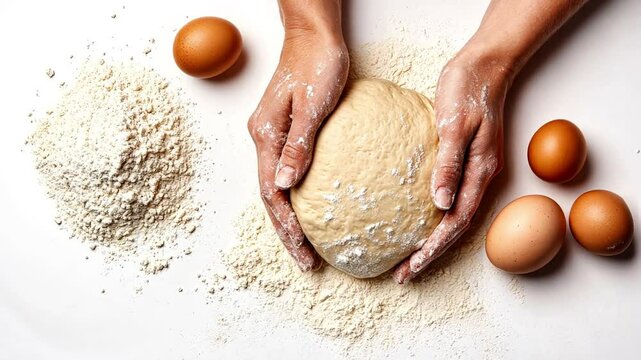 Hands kneading dough surrounded by flour and eggs