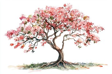Obraz premium A vibrant watercolor illustration of a blooming tree with pink flowers, showcasing the beauty of nature and springtime.