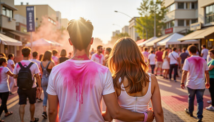 Young couple walking through Holi festival crowd, celebrating love