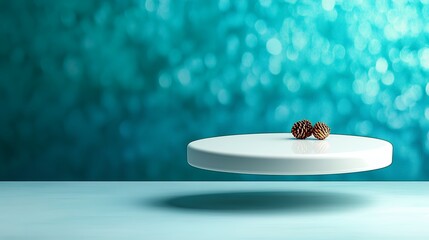 Bronze Pine Cones on White Floating Platform Teal Bokeh Background