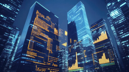 Obraz premium A futuristic city skyline with digital charts reflecting business growth, financial forecasts, and corporate evolution. Glowing data overlays highlight economic trends and company performance