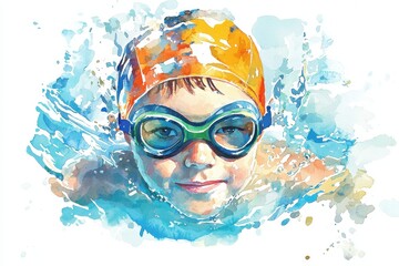 Naklejka premium A vibrant watercolor illustration of a young swimmer with goggles and a bright cap, capturing the joy and energy of swimming in a pool.