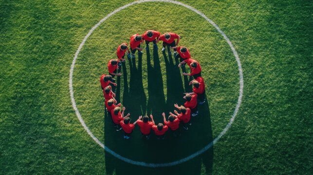 Aerial View of Diverse Team in Red Uniforms Forming a Circle on Green Grass Field