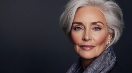 Naklejka premium Confident Portrait of a Stylish Mature Woman With Elegant Gray Hair and Striking Features
