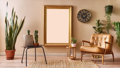 Vintage Living Room Makeover with Retro Charm A Cozy Corner Filled with Design Elements Such as a Vintage Chair, Commode, Cacti, Plants, and an Antique Clock in a Warm Ambience.