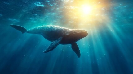 Naklejka premium A Whale Swimming Gracefully Under the Ocean with Sunlight Beaming Through the Water. Generative AI