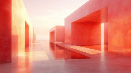 Abstract Architecture with Red Structures and Reflective Water Surface