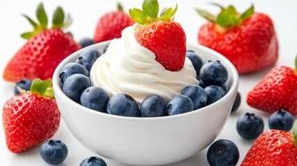 Fresh Strawberries and Blueberries with Creamy Yogurt in a Bowl. Generative AI