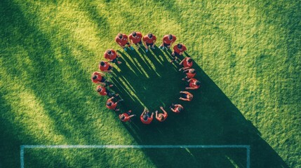 Aerial View of Diverse Sports Team Forming Heart Shape on Grass Field