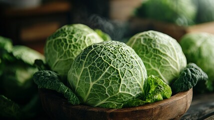 Fresh green cabbages arranged in a wooden bowl with leafy greens surrounding them.
