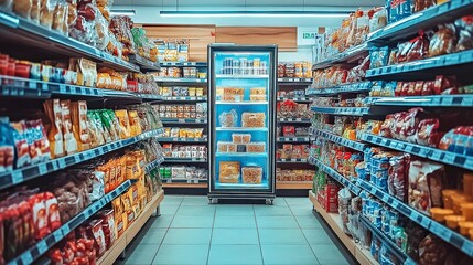 Fototapeta premium Supermarket aisle with varied products. A grocery space with diverse shelves full of packaged goods. Retail environment showcasing variety for consumerism convenience.