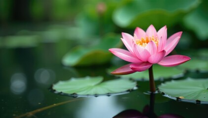 Fototapeta premium Water lily flower with long stem and delicate leaves, pond scenery, reflection, water lily