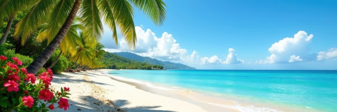 Un paisaje de playa con hamacas, palmeras y flores, landscape, hamaca, scenery