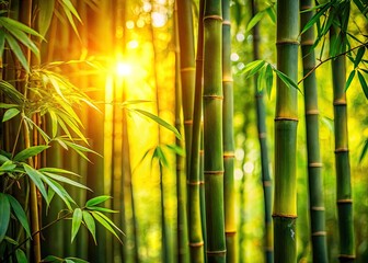 Obraz premium Lush green bamboo jungle, bathed in sunlight, deep focus reveals vibrant foliage, bokeh effect adds dreamy depth.