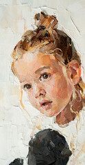 Portrait of a little cute girl. Child's face on a white background. Oil painting on canvas.