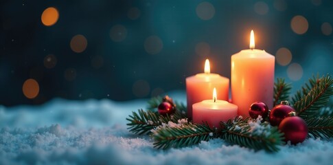 Three candles burning softly on fir branches with Christmas decorations, snowy backdrop, candlelight glow