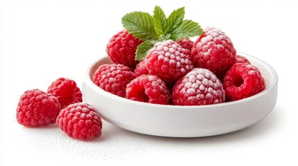 Raspberries with Powdered Sugar and Mint Leaves on a White Plate. Generative AI