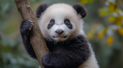 Obraz premium Cute Panda Cub Climbing a Tree with Curious Expression. Generative AI