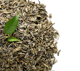 Pile of dried green tea leaves on white background