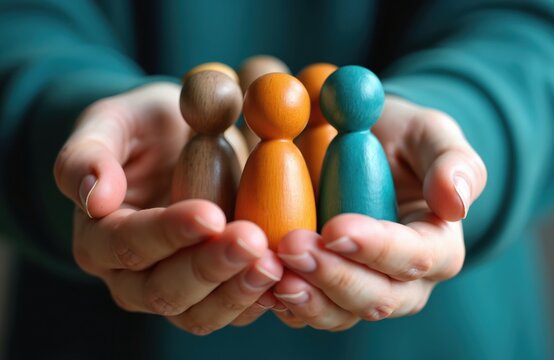 Hands carefully hold diverse wooden figurines, symbolizing care and support. Valuing diverse team, powerful image for HR, social responsibility, diversity and inclusion themes.