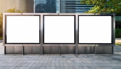 Vibrant Urban Artwork Empty Framed Posters and Mock Billboards Create a Striking Contrast Against the Textured Sidewalk, Amidst Bustling City Streets