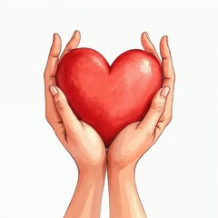 Watercolor illustration of hands holding red heart. Minimalistic, cute, comical design on white background. Heartfelt, tender artwork with joyful, cheerful expression and empty copy space.