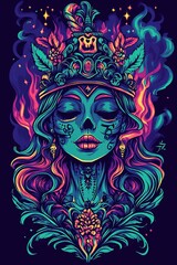 Vibrant Calavera Sugar Skull Woman  Neon Art  Day of the Dead